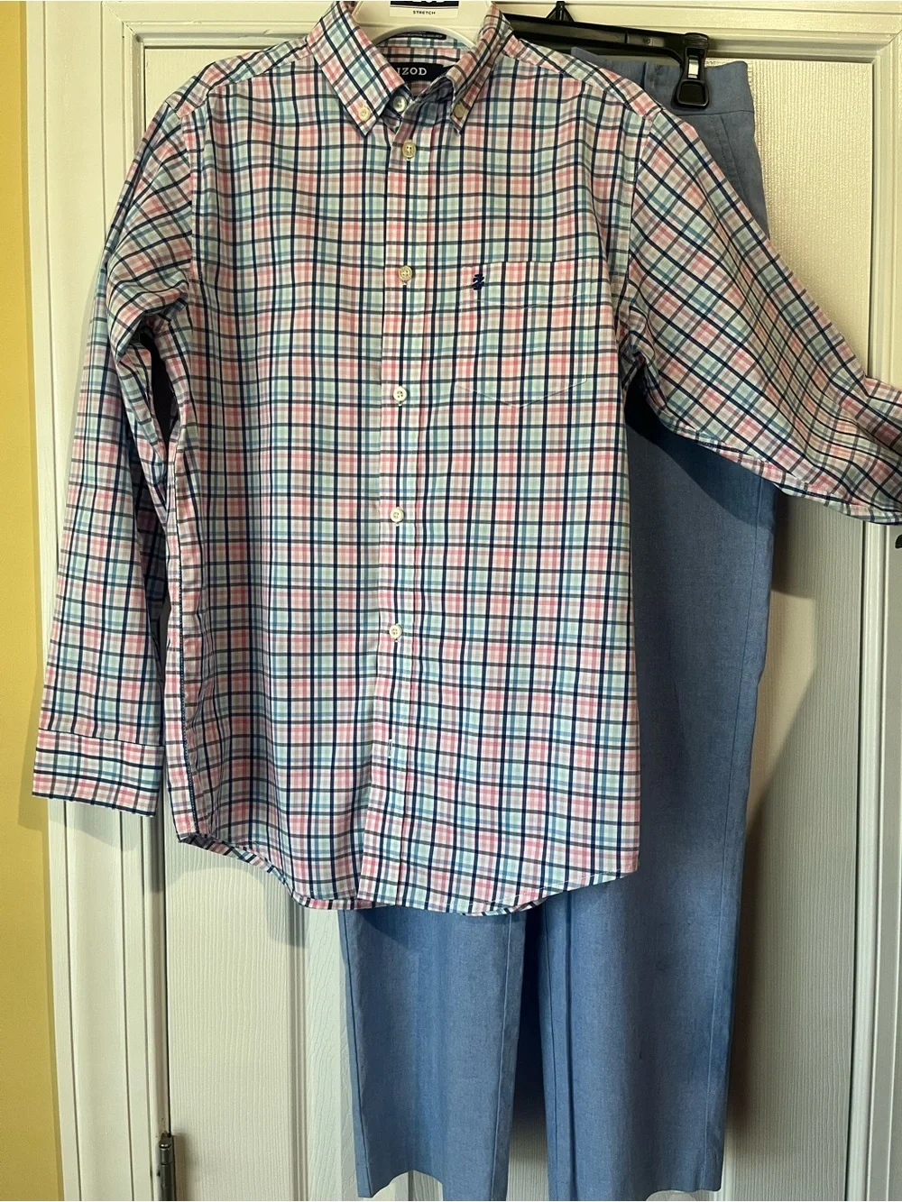 Izod Pink and Blue Plaid Stretch Button-Up Shirt with Blue Slacks